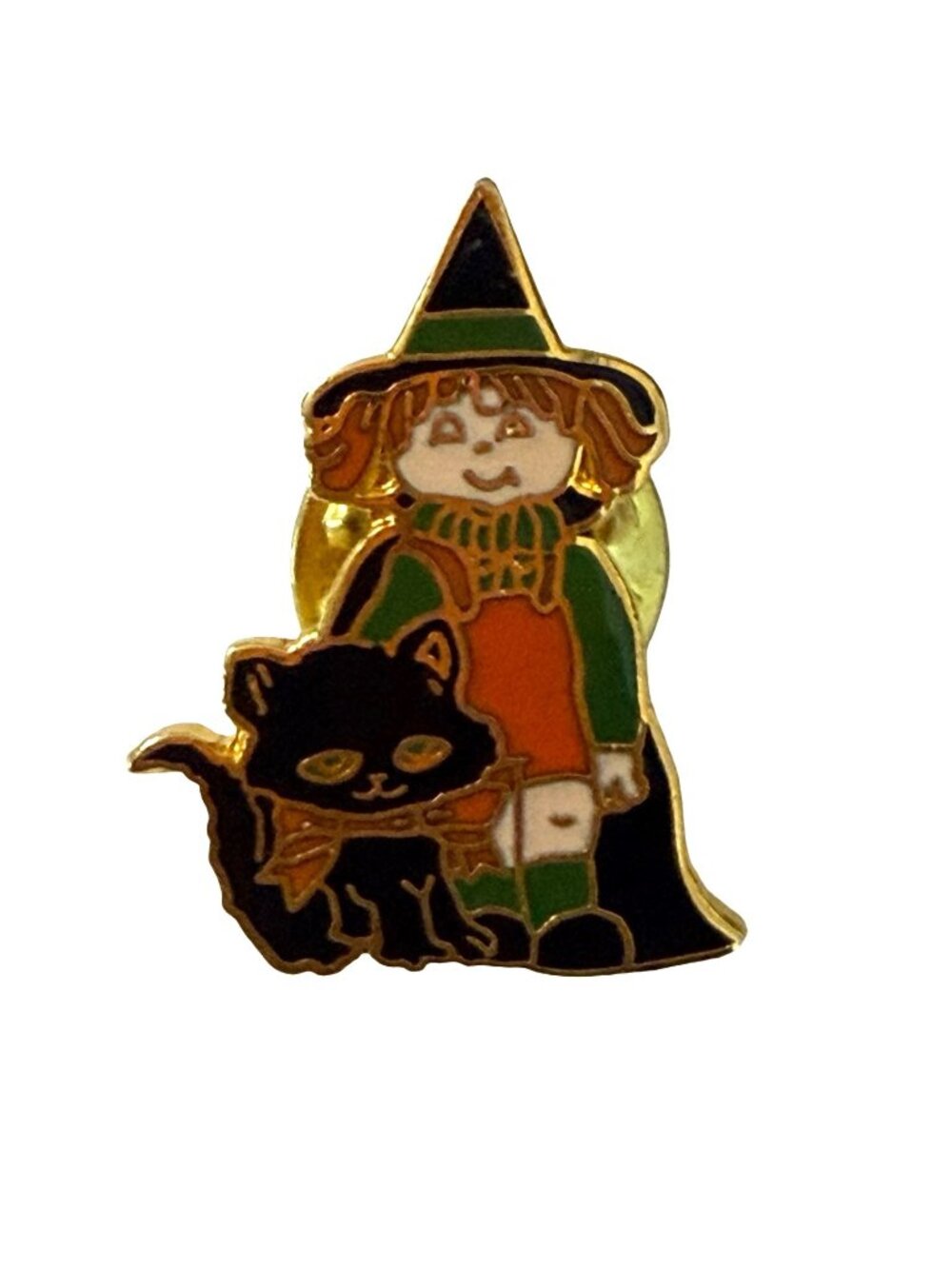 Vintage Halloween Witch Black Cat Enamel Lapel Pin Retro Spooky Jewelry
